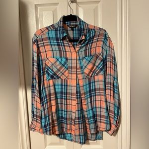 Express Plaid Blue and Peach Button Up
